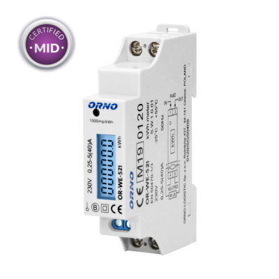 1-fazowy licznik energii elektrycznej, 40A, MID, wyjście impulsowe, podświetlenie, 1 moduł, DIN TH-35mm OR-WE-521 ORNO (OR-WE-521)