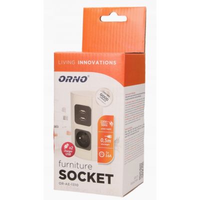 Gniazdo meblowe 1x2P+Z, 2xUSB (typ A, 2,1A) OR-AE-1310 ORNO (OR-AE-1310)