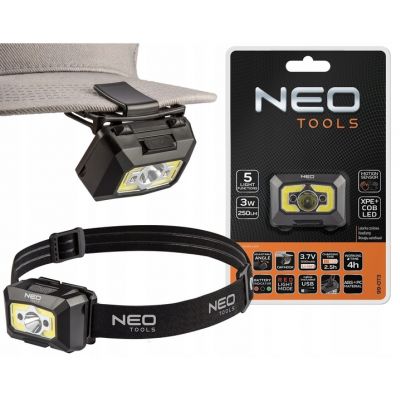 Latarka czołowa akumulatorowa USB 250 lm COB LED + czujnik ruchu 99-073 NEO TOOLS (99-073)