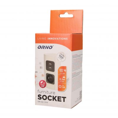 Gniazdo meblowe 1x2P+Z, 2xUSB (typ A, 2,1A) OR-AE-1310 ORNO (OR-AE-1310)