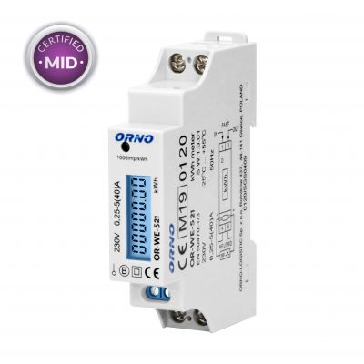 1-fazowy licznik energii elektrycznej, 40A, MID, wyjście impulsowe, podświetlenie, 1 moduł, DIN TH-35mm OR-WE-521 ORNO (OR-WE-521)