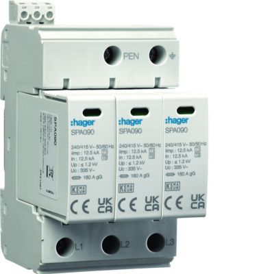 SPD Ogranicznik przepięć T1+T2 3P sieć TN-C Iimp 37,5kA In 50kA Up 1,2kV styk SPA930 HAGER (SPA930)
