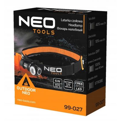 Latarka czołowa akumulatorowa 600 lm USB magnetyczne ładowanie 99-027 Neo Tools (99-027)